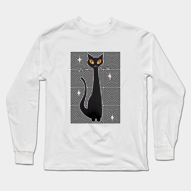 Op-Art Hip Cat Mid Century Anime (blk background) Long Sleeve T-Shirt by SunGraphicsLab